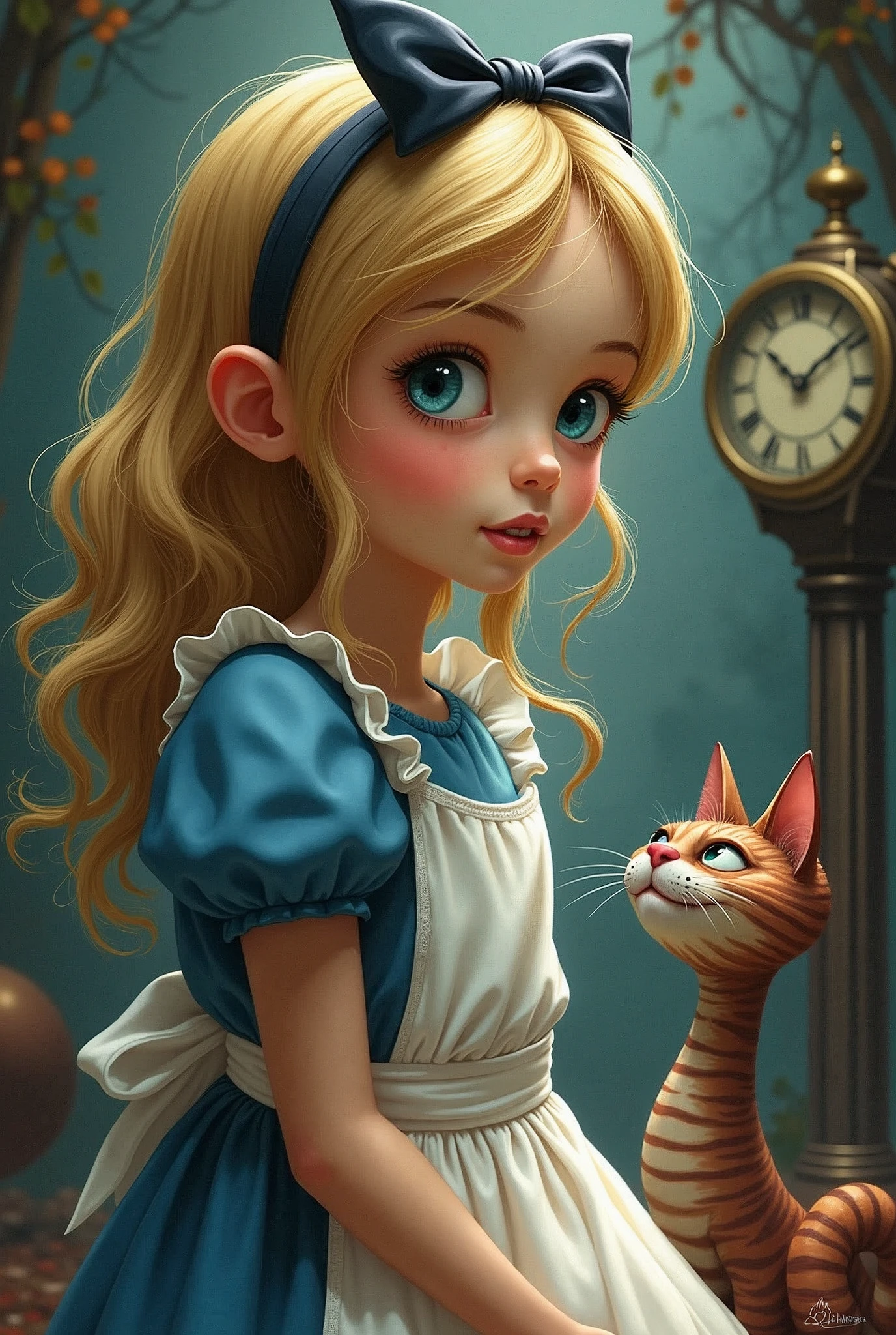 Draw a full-body portrait of Alice in Alice in Wonderland to capture a moment of deep contemplation. Her expression should be a mixture of curiosity and a hint of unease, as if she is deeply questioning reality and her place in it. Her large eyes should be wide open, reflecting the surreal world around her. A smiling Cheshire cat, a clock, inside the kingdom of Wonderland, etc. The lighting is soft yet dramatic, casting gentle shadows that emphasise the depth of her thoughts. Her hair could be slightly dishevelled, as if she has been on a long journey, and the iconic headband could be slightly slanted to add to the sense that she is pensive. The colour palette is a mix of soft pastels and dark, introspective tones to create a balance between innocence and the complexity of her thoughts.