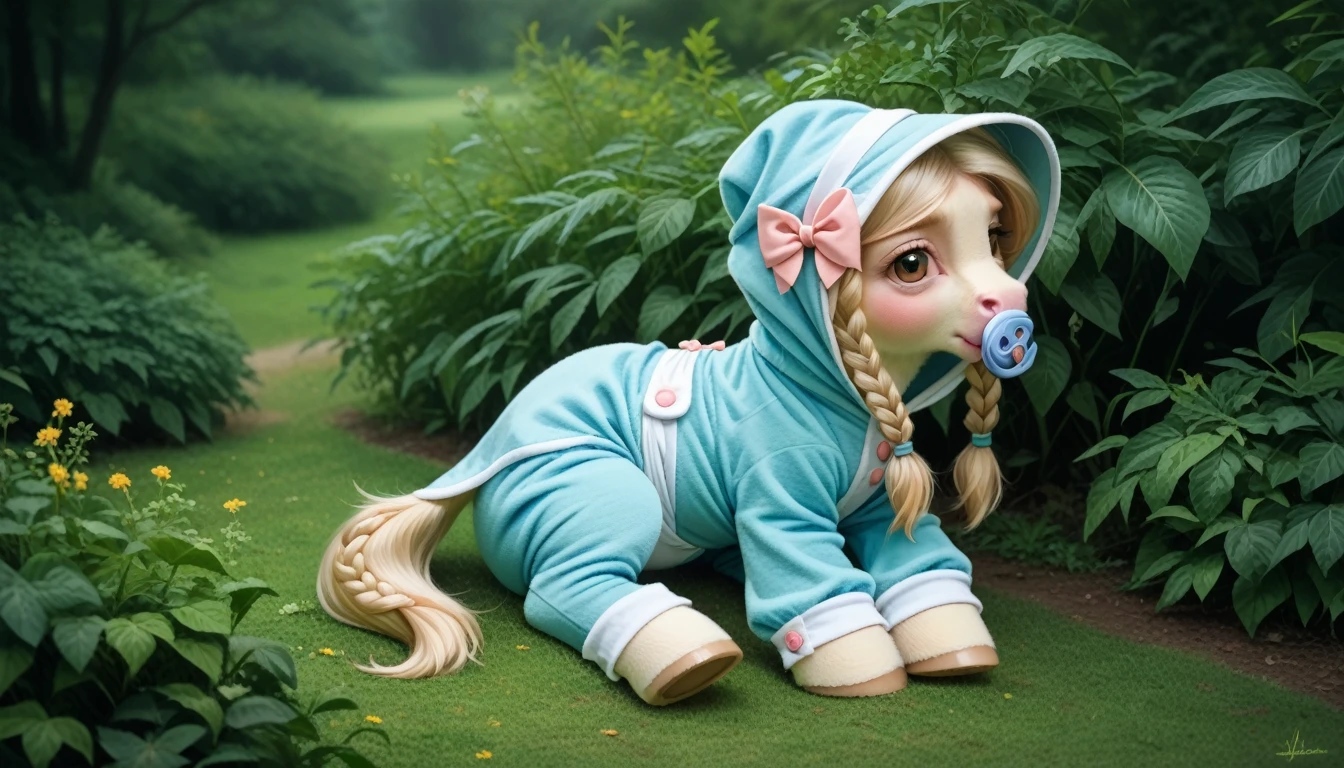 pony, beige earth pony, no horn, no wings, adult mare, lush mane braided into a braid, lush tail, sitting outside, dressed in an onesie, bonnet and booties, pacifier in mouth, solo, thick diaper under clothes, pink blush on cheeks, embarrassment, awkwardness. 