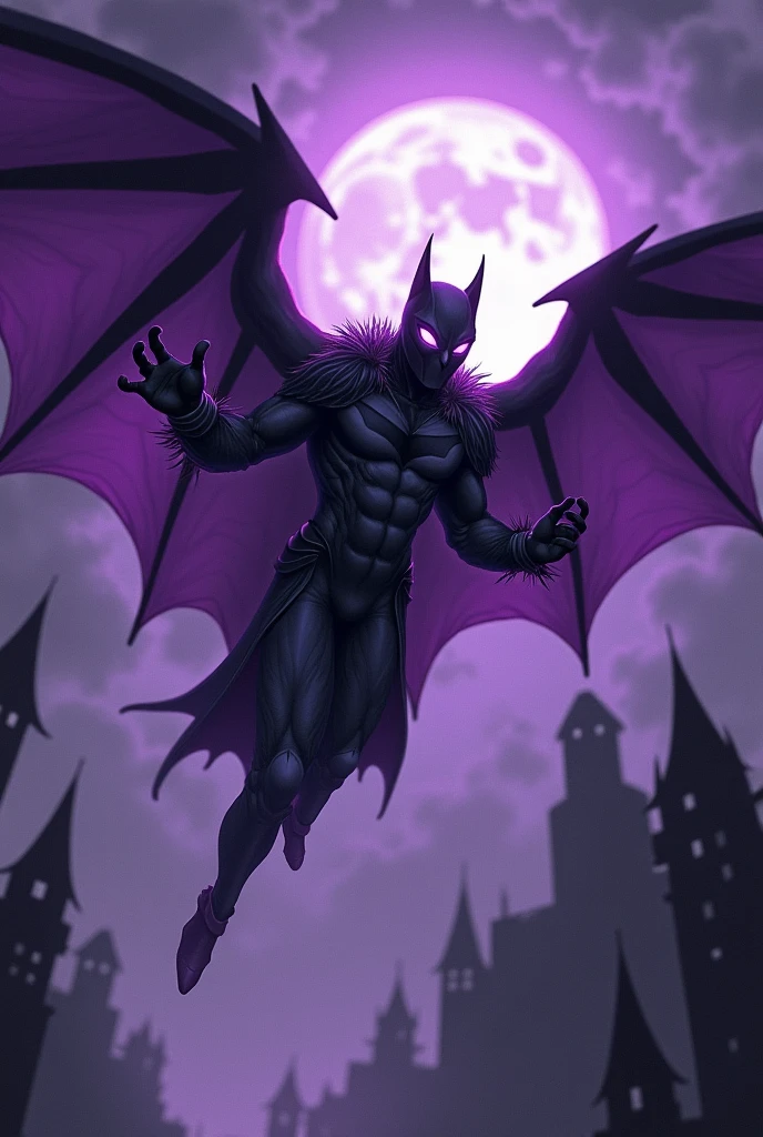 bat ((giant)), evil aura ((violet)) , prey ((renard)), in flight,
