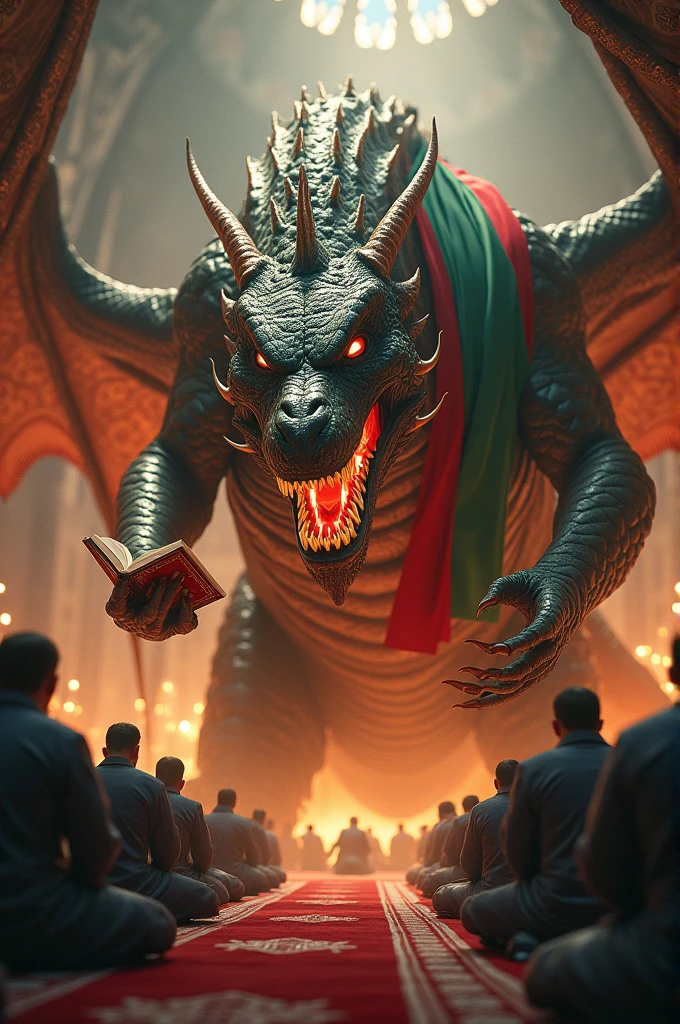 A angry big dragon his wearing Kuwait flag his speech Qur'an and some people font pray namaz