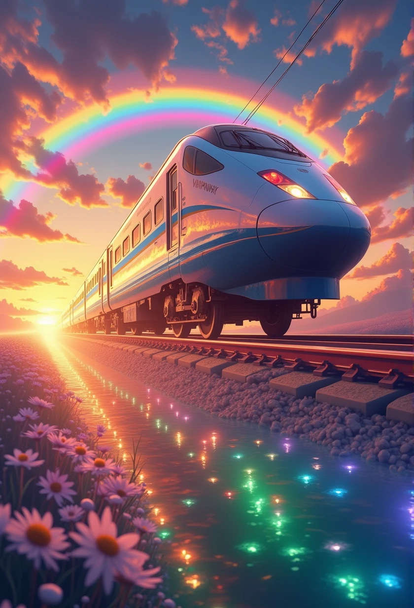 A Shinkansen train running on rainbow-colored tracks,colorful,beautiful flower,wonderful景色,Utopia,An atmosphere full of dreams and hope,masterpiece. 16K, Ultra-high resolution, Ultra-high resolution, to be born,wonderful ,future、Iridescent、The world 30 years from now。