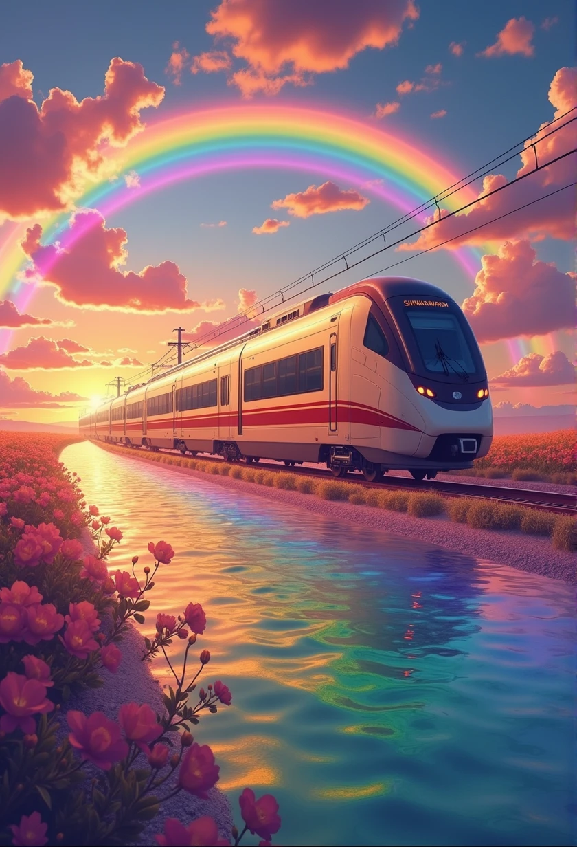 A Shinkansen train running on rainbow-colored tracks，colorful，beautiful flower，wonderful景色，Utopia，An atmosphere full of dreams and hope，masterpiece． 16K, Ultra-high resolution, Ultra-high resolution, to be born,wonderful ,future、Iridescent、The world 30 years from now。