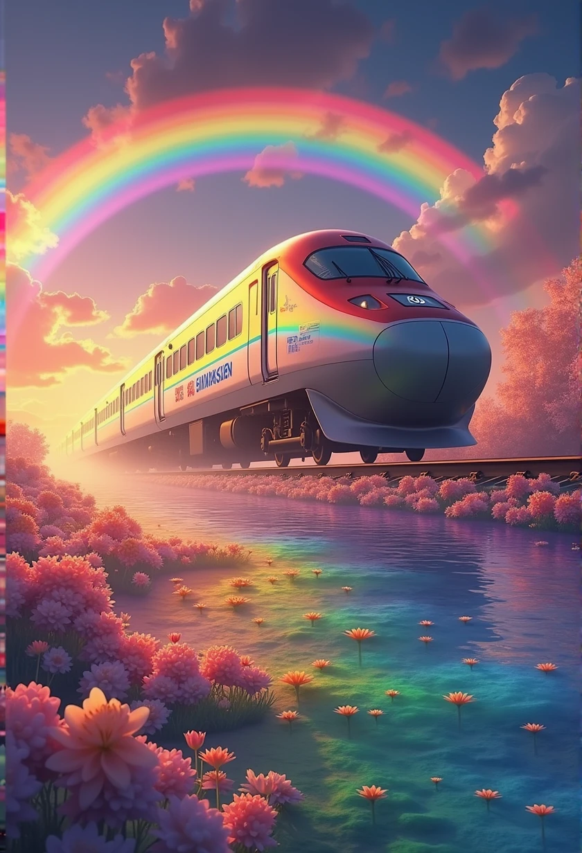 A Shinkansen train running on rainbow-colored tracks,colorful,beautiful flower,wonderful景色,Utopia,An atmosphere full of dreams and hope,masterpiece. 16K, Ultra-high resolution, Ultra-high resolution, to be born,wonderful ,future、Iridescent、The world 30 years from now。