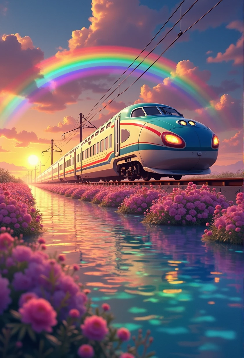 A Shinkansen train running on rainbow-colored tracks,colorful,beautiful flower,wonderful景色,Utopia,An atmosphere full of dreams and hope,masterpiece. 16K, Ultra-high resolution, Ultra-high resolution, to be born,wonderful ,future、Iridescent、The world 30 years from now。