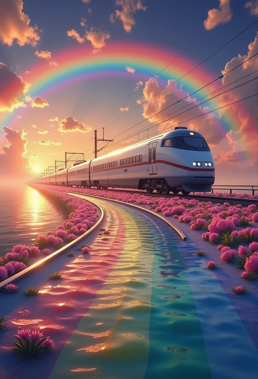 A Shinkansen train running on rainbow-colored tracks,colorful,beautiful flower,wonderful景色,Utopia,An atmosphere full of dreams and hope,masterpiece. 16K, Ultra-high resolution, Ultra-high resolution, to be born,wonderful ,future、Iridescent、The world 30 years from now。