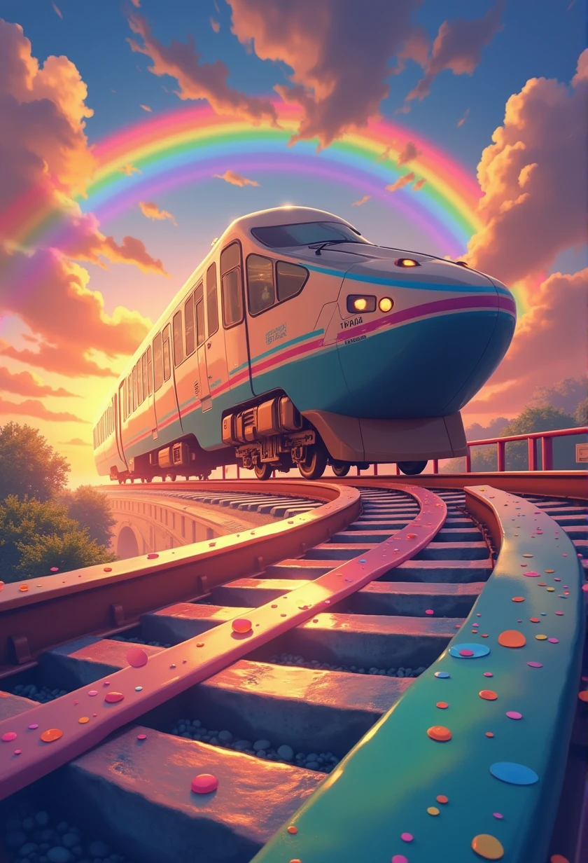 A Shinkansen train running on rainbow-colored tracks，colorful，beautiful flower，wonderful景色，Utopia，An atmosphere full of dreams and hope，masterpiece． 16K, Ultra-high resolution, Ultra-high resolution, to be born,wonderful ,future、Iridescent、The world 30 years from now。