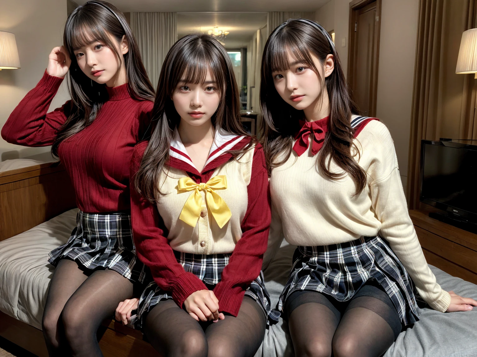 masterpiece, best quality, illustration, Super detailed, fine details, High resolution, 8K,wall paper, perfect dynamic composition,(Details High quality, realistic depiction of eyes:1.3), (3 girls), BREAK (red theme:1.4), (school uniform:1.2), (fusion of red sweater and red shirt with sailor-collar:1.4), (tucked out uniform tops:1.4), (long sleeve:1.2), BREAK (yellow theme:1.3), (sailor-collar with yellow ribbon:1.3), BREAK (black and white plaid-pattern pleated-skirt:1.3), (pantyhose:1.2), sitting, open legs, short bob hair, in a hotel room in the background, deep on field, large breasts, black hair color, Big Natural Color Lip, (perfect body shape), crying a little、Harajuku style、20 year old girl、cute type、beautiful legs, Gravure Idol