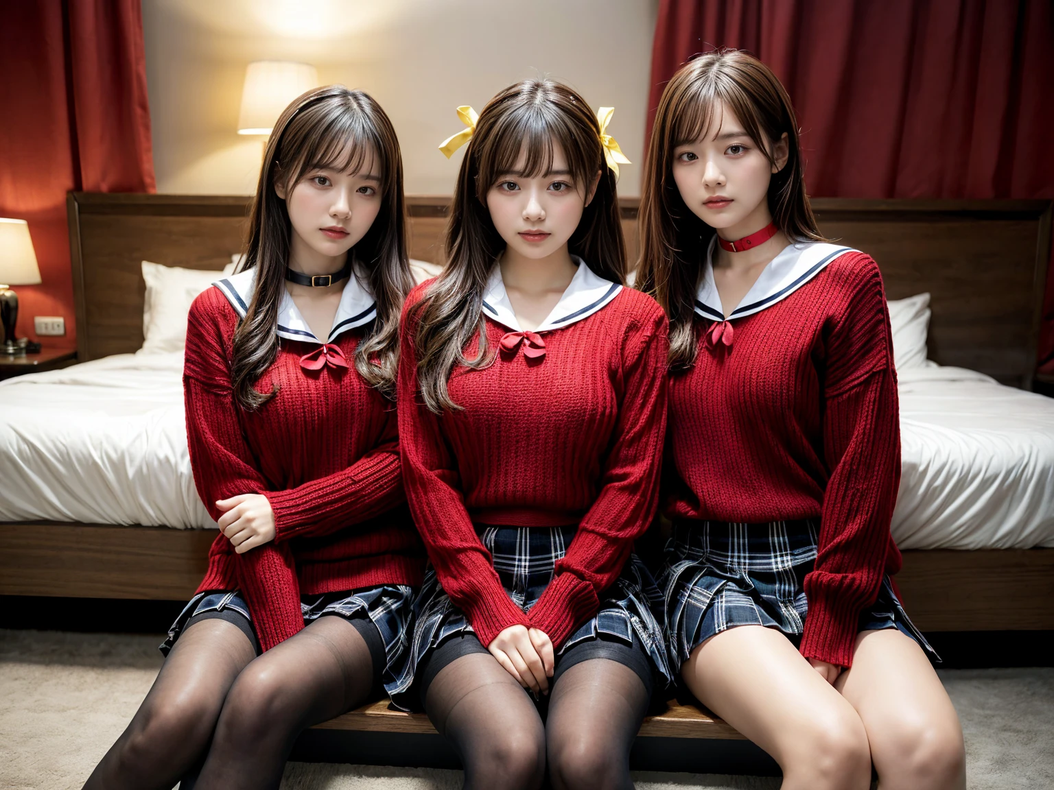 masterpiece, best quality, illustration, Super detailed, fine details, High resolution, 8K,wall paper, perfect dynamic composition,(Details High quality, realistic depiction of eyes:1.3), (3 girls), BREAK (red theme:1.4), (school uniform:1.2), (fusion of red sweater and red shirt with sailor-collar:1.4), (tucked out uniform tops:1.4), (long sleeve:1.2), BREAK (yellow theme:1.3), (sailor-collar with yellow ribbon:1.3), BREAK (black and white plaid-pattern pleated-skirt:1.3), (pantyhose:1.2), sitting, open legs, short bob hair, in a hotel room in the background, deep on field, large breasts, black hair color, Big Natural Color Lip, (perfect body shape), crying a little、Harajuku style、20 year old girl、cute type、beautiful legs, Gravure Idol