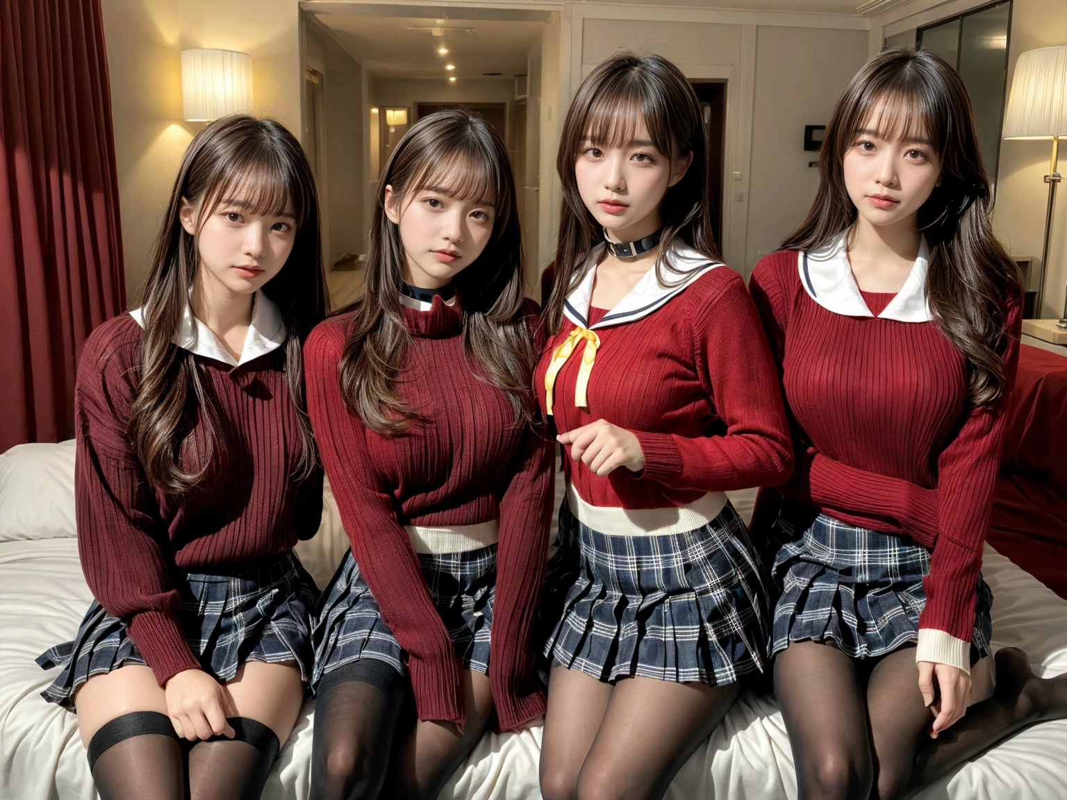 masterpiece, best quality, illustration, Super detailed, fine details, High resolution, 8K,wall paper, perfect dynamic composition,(Details High quality, realistic depiction of eyes:1.3), (3 girls), BREAK (red theme:1.4), (school uniform:1.2), (fusion of red sweater and red shirt with sailor-collar:1.4), (tucked out uniform tops:1.4), (long sleeve:1.2), BREAK (yellow theme:1.3), (sailor-collar with yellow ribbon:1.3), BREAK (black and white plaid-pattern pleated-skirt:1.3), (pantyhose:1.2), sitting, open legs, short bob hair, in a hotel room in the background, deep on field, large breasts, black hair color, Big Natural Color Lip, (perfect body shape), crying a little、Harajuku style、20 year old girl、cute type、beautiful legs, Gravure Idol