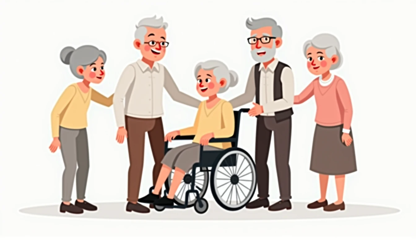 Group of old people on a white background. An elderly woman is sitting in a wheelchair