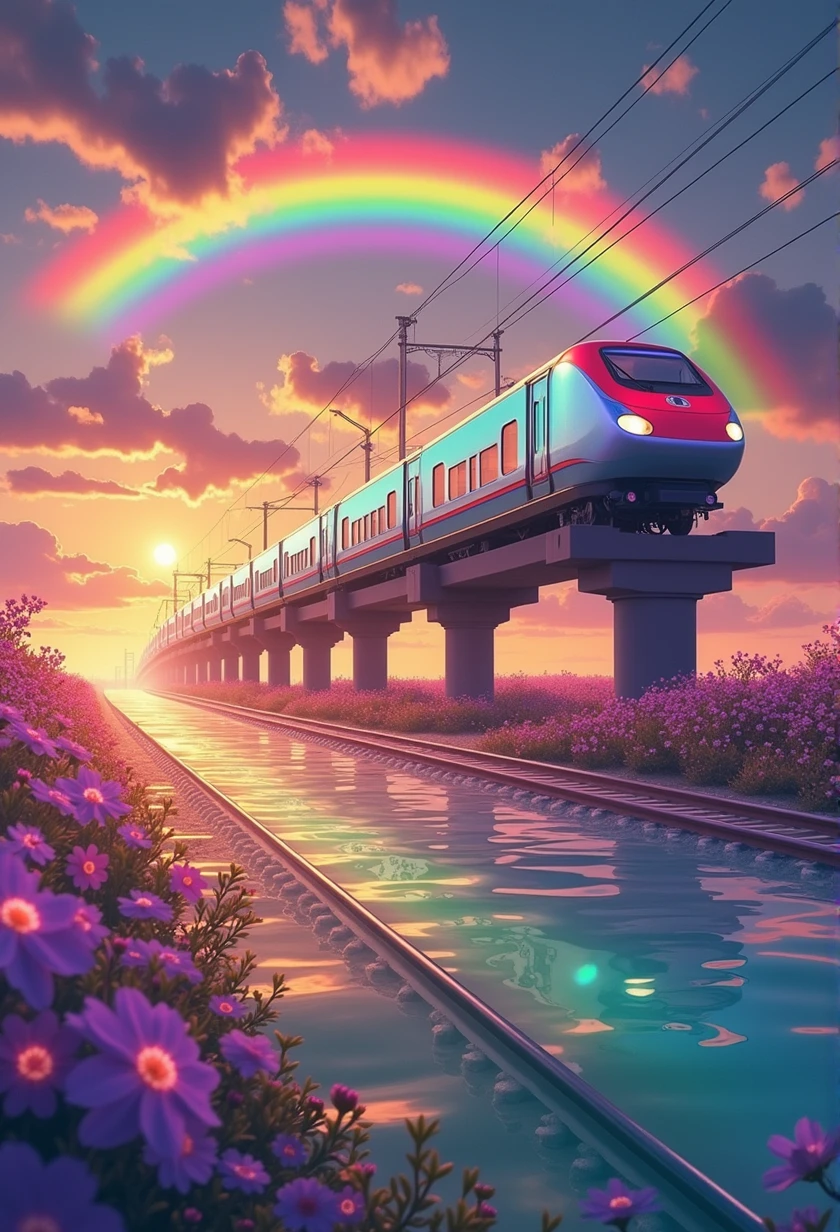A Shinkansen train running on rainbow-colored tracks，colorful，beautiful flower，wonderful景色，Utopia，An atmosphere full of dreams and hope，masterpiece． 16K, Ultra-high resolution, Ultra-high resolution, to be born,wonderful ,future、Iridescent、The world 30 years from now。