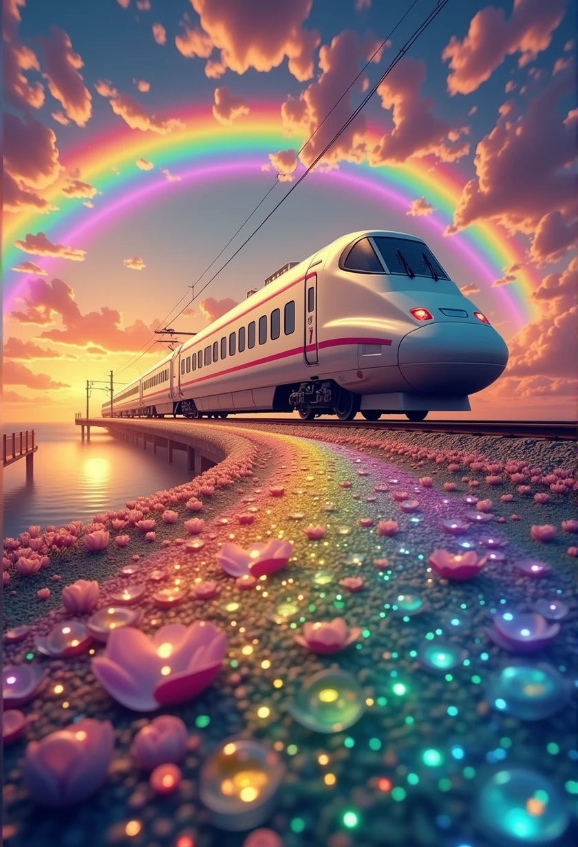 A Shinkansen train running on rainbow-colored tracks,colorful,beautiful flower,wonderful景色,Utopia,An atmosphere full of dreams and hope,masterpiece. 16K, Ultra-high resolution, Ultra-high resolution, to be born,wonderful ,future、Iridescent、The world 30 years from now。