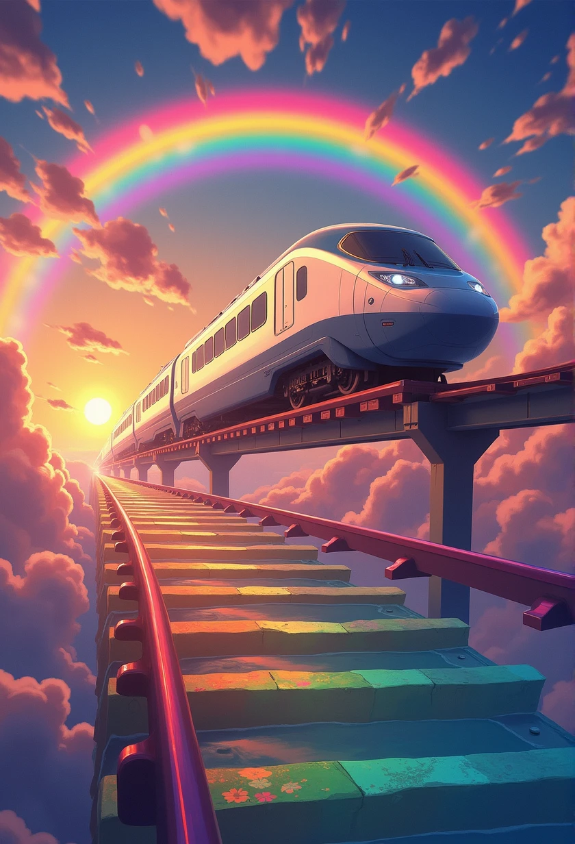 A Shinkansen train running on rainbow-colored tracks,colorful,beautiful flower,wonderful景色,Utopia,An atmosphere full of dreams and hope,masterpiece. 16K, Ultra-high resolution, Ultra-high resolution, to be born,wonderful ,future、Iridescent、The world 30 years from now。