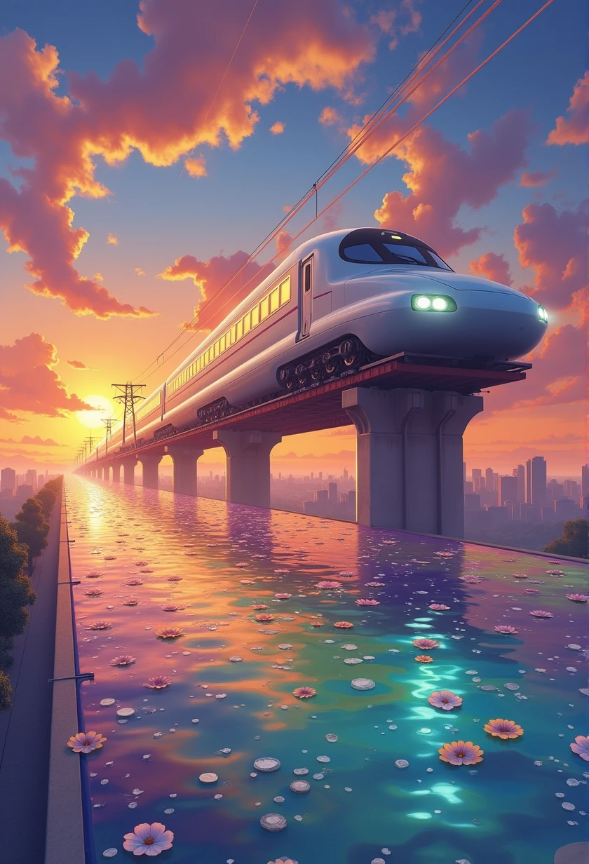 A Shinkansen train running on rainbow-colored tracks,colorful,beautiful flower,wonderful景色,Utopia,An atmosphere full of dreams and hope,masterpiece. 16K, Ultra-high resolution, Ultra-high resolution, to be born,wonderful ,future、Iridescent、The world 30 years from now。