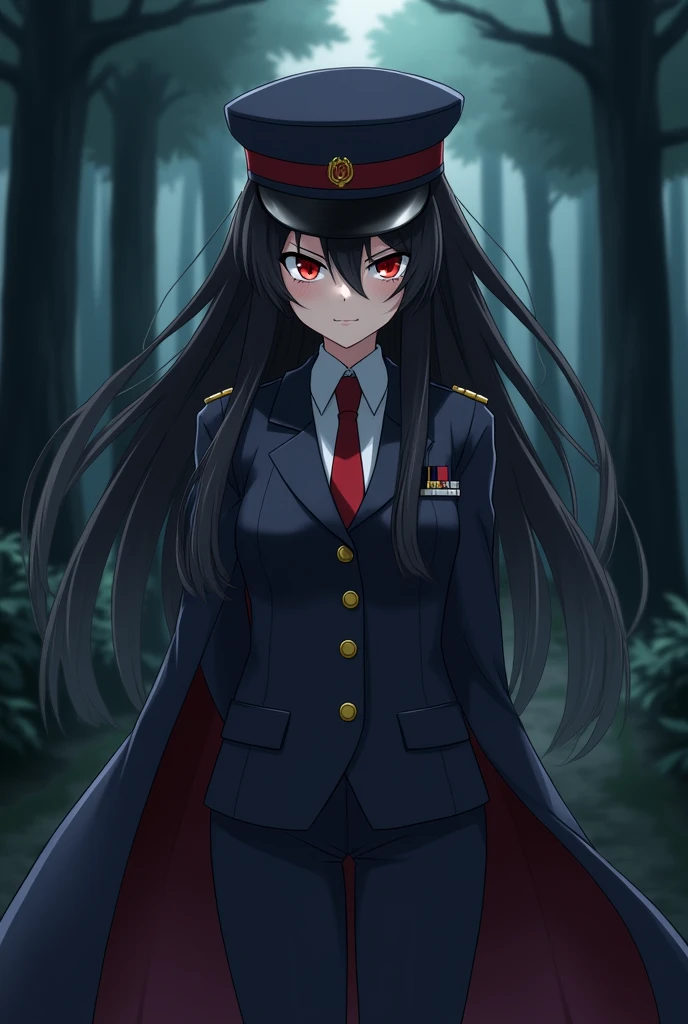 uniform、Long coat、Long Black Hair、Red eyes、Military hat、The hat covers one eye、Anime Style、woman、15 years old、Too much exposure、The background is a dark forest.、Colonel-level rank、Suspicious Smile、my hands are clasped behind my back、