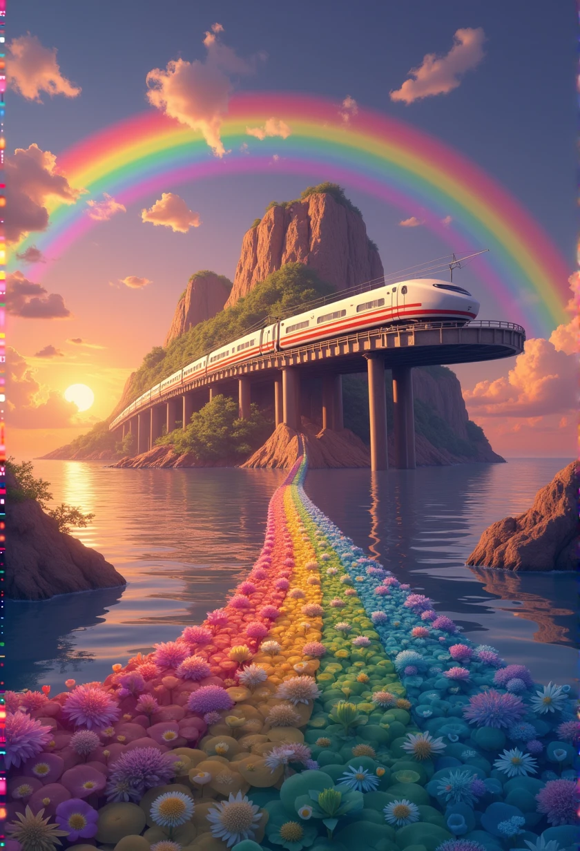 A Shinkansen train running on rainbow-colored tracks,colorful,beautiful flower,wonderful景色,Utopia,An atmosphere full of dreams and hope,masterpiece. 16K, Ultra-high resolution, Ultra-high resolution, to be born,wonderful ,future、Iridescent、The world 30 years from now。