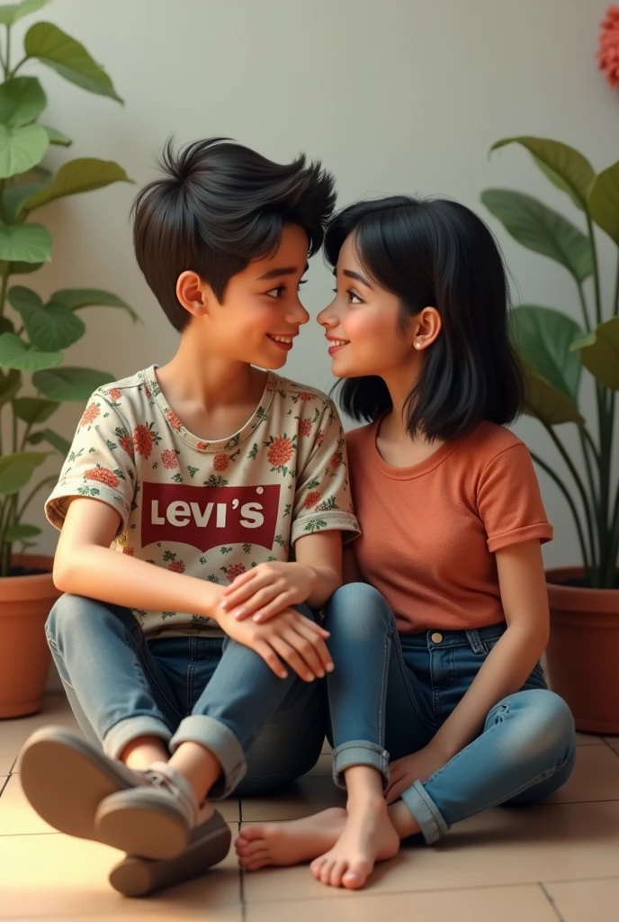 (photorealism:1.2),cute couple,boy age 21,girl age 18, sitting on the floor both,posing cutely,girl hair is shoulder middle length,she is wearing fancy jeans nd top , boy wearing half sleeve levis floral print shirt, and in bottom pant,both are smiling and looking so cute, looking so real face,Indian face

