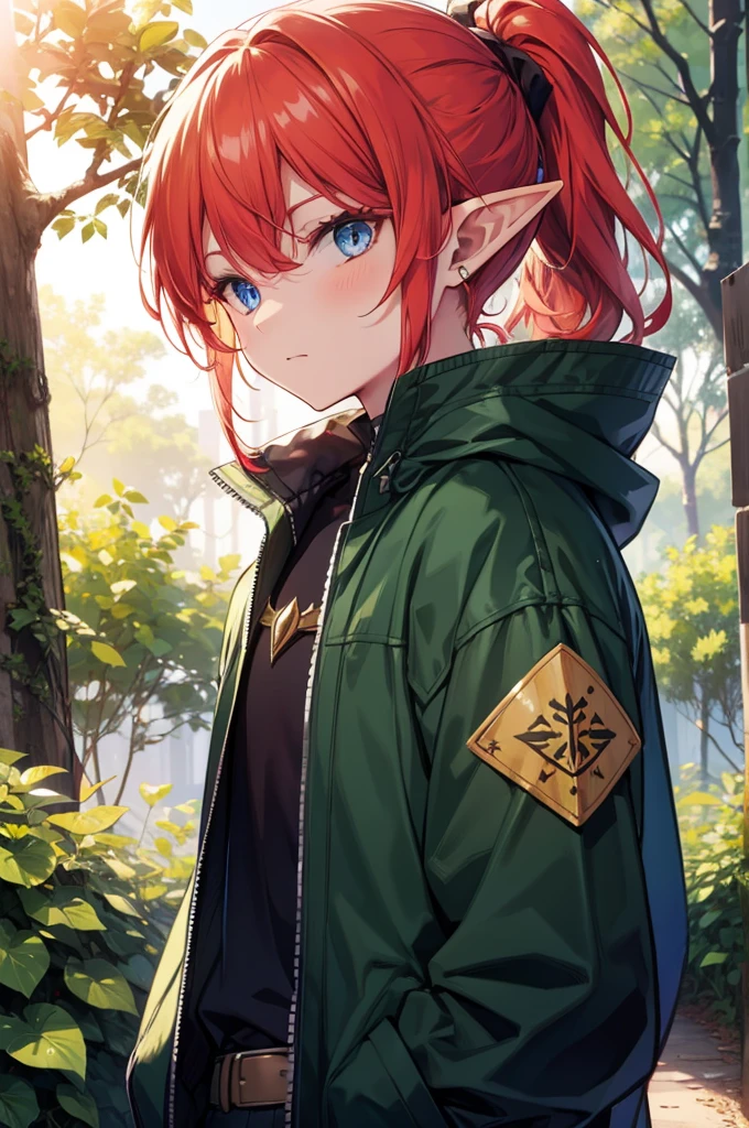 Elf , Red hair,individual, blue eyes, ponytail, pointy-eared, woods, cartoon, 1boy, Druid, Jacket