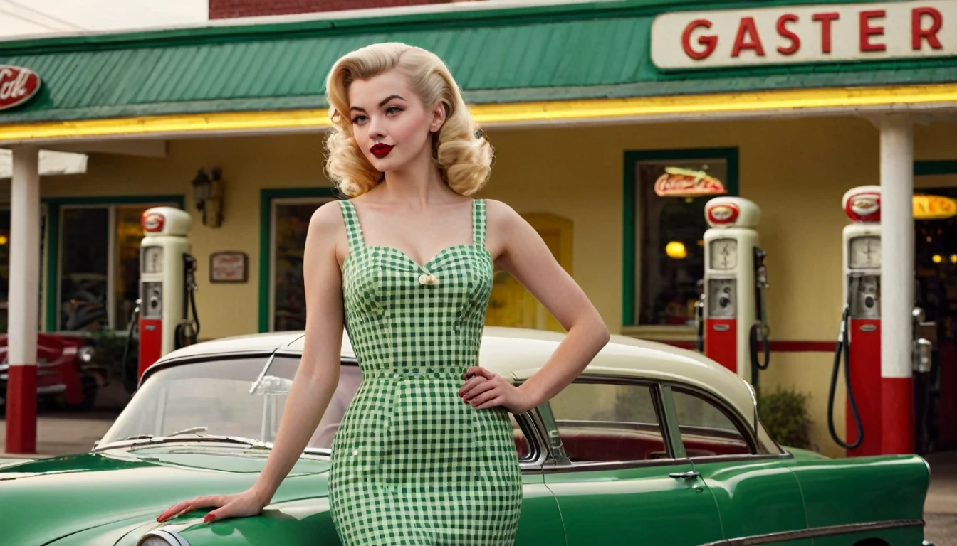ultra-detailed, photorealistic, A beautiful young blonde woman with vintage 1950s style pinup stands confidently in front of a classic green car at a retro gas station. She wears a form-fitting, yellow gingham dress that accentuates her figure, complemented by red lipstick and elegant, curled blonde hair. The gas station has a nostalgic feel, with green and cream accents and a classic gas pump. The night sky above is clear, adding a serene ambiance to the scene. The overall mood is nostalgic and glamorous, capturing the essence of mid-20th-century Americana. perfect face, Ultra realistic photo, vibrant colors, 16k