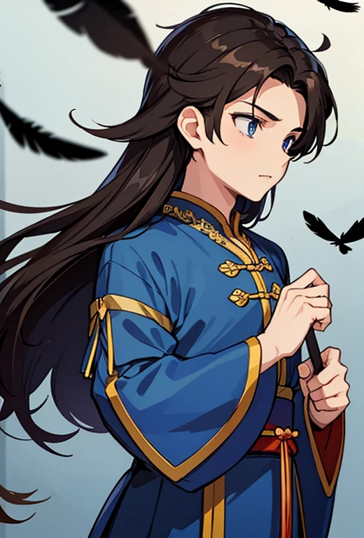 1 boy, dark brown hair, long hair, blue eyes, fine feathers on his head on both sides of his head, Chinese clothing.