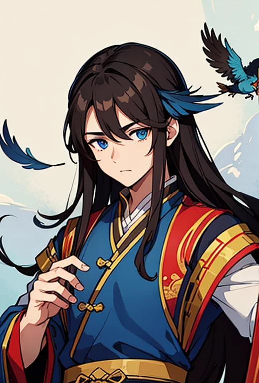 1 boy, dark brown hair, long hair, blue eyes, fine feathers on his head on both sides of his head, Chinese clothing.