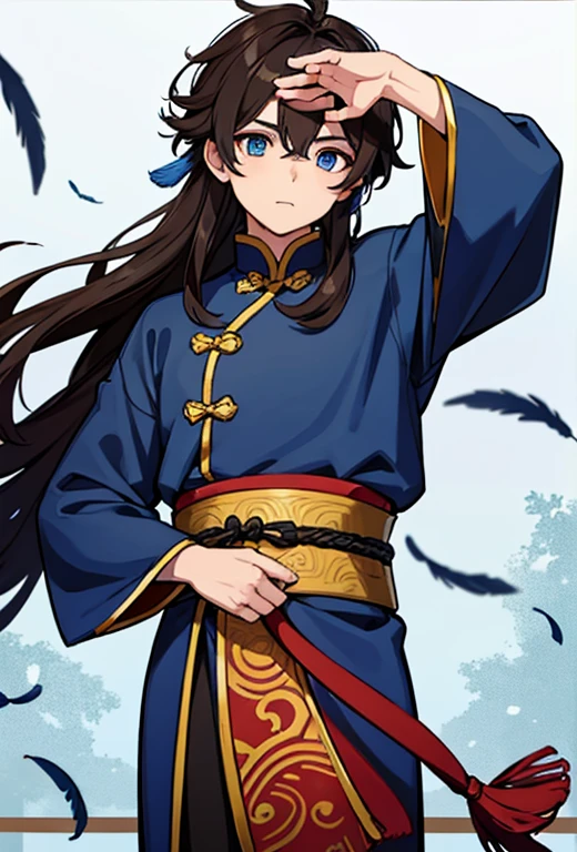 1 boy, dark brown hair, long hair, blue eyes, fine feathers on his head on both sides of his head, Chinese clothing.