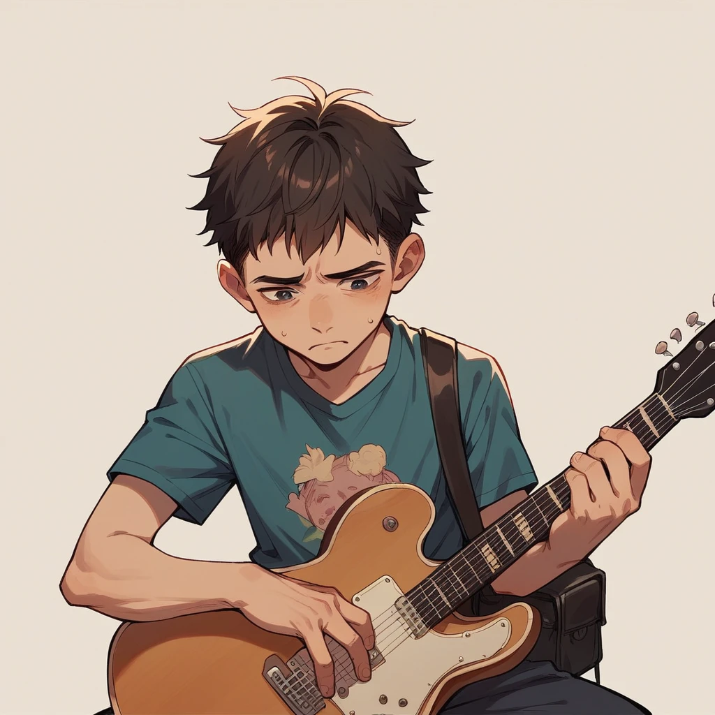 young boy playing guitar in fornt of sunset  sad and  backgrount should be in natural are in himilyans