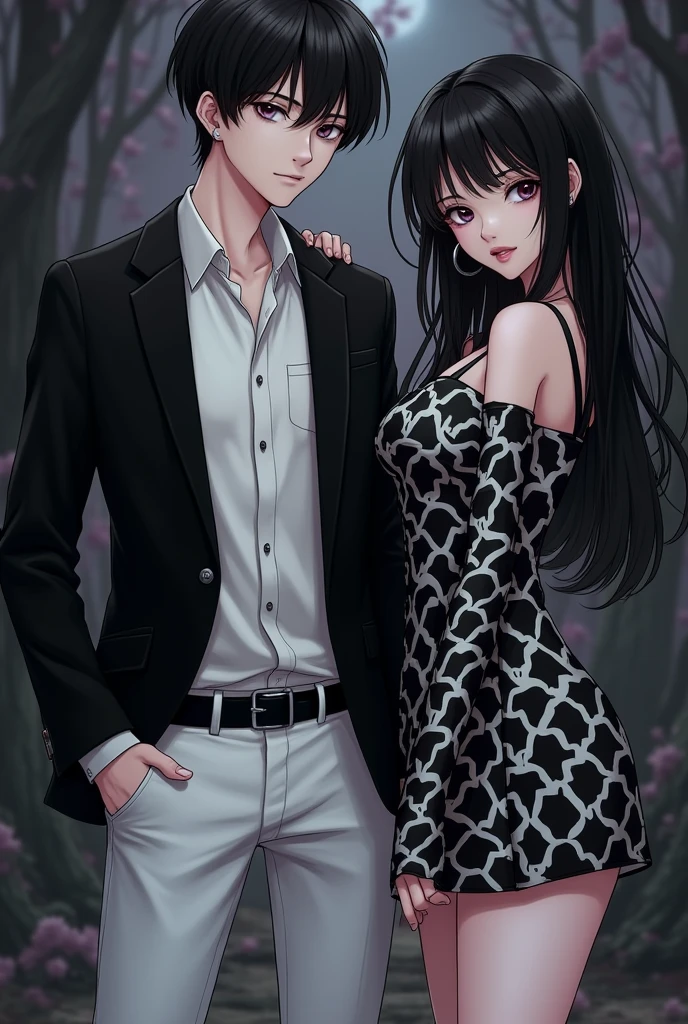 Goth couple, boy and girl. Man in black suit and white pants. Girl in black and white mini dress . Anime
