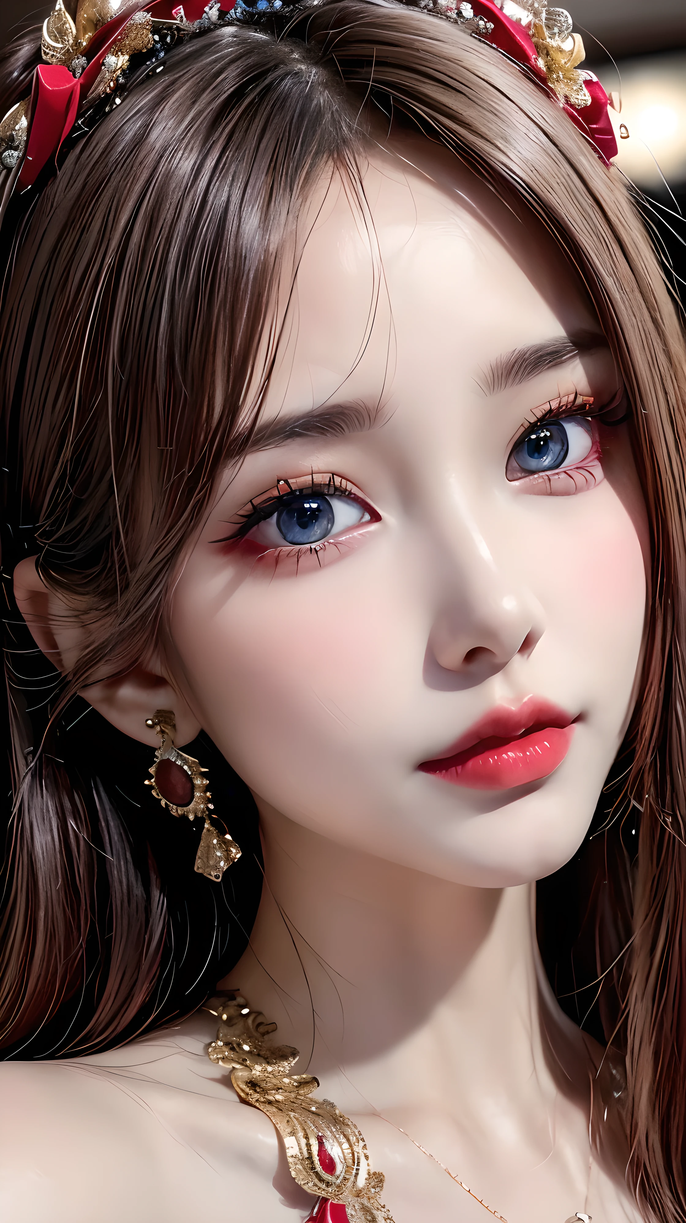  photorealism 16K realism, (Hyper-realistic proportional body, anatomically correct:1.3), ((ultra-fine digital art)), ((intricately detailed beautiful face)), (light pale complexion), BREAK, (small round head)),(high detailed realistic Super beautiful slim and sharp-face), (best highest detailed realistic black_eyes:1.28), ((super realistic sharp-eyes:1.2)), (tired and sleepy and satisfied:0.0), (close up of a woman's eyes), perfect round eyes, finely detailed pupils,BREAK,detailed lips:1.3,pink_makeup:1.22, (long_blue_eyeliner:1.28), (red_lipstick:1.35), ((perfect dark_eyeshadows:1.4)), (super detailed professional makeup on eyes:1.3), (Detailed nose:1.2), (best high quality real texture skin:1.3), stunning beautiful girl, 25 yo, detailed skin, beautiful shinning long luscious hair, strands of hair flaoting in air, hair updo, hair, delicate facial features, detailed glossy eyes and pupils, detailed shinning natural hairs, detailed sharp nose, detailed white glistening teeth, perfect symmetrical face, detailed natural perfect breasts, graceful pose, soft lighting, artistic painting, vibrant colors, ethereal atmosphere, mesmerizing gaze, flawless complexion, enchanting beauty, surreal background, solo, looking at viewer, bangs, (beautiful modern fashionable designer yellow,blue and red combination dress), earrings and necklace, cute smile, upper body, indoors, frills, night time, perfect lighting, luxurious living room, sofa, lots of colourful flowers,looking at the viewer, lips, 