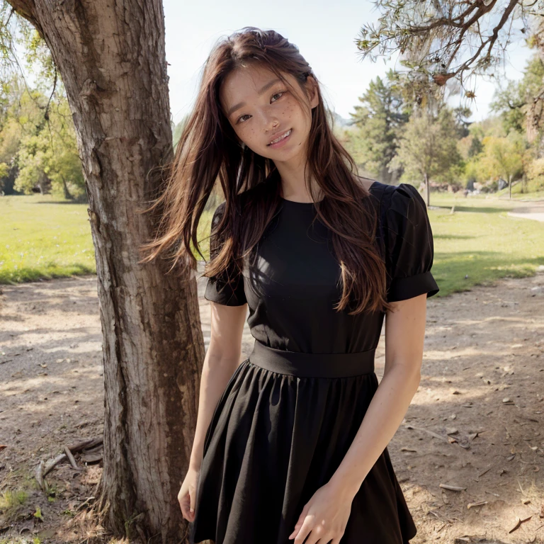 (best quality,4k,8k,highres,masterpiece:1.2),ultra-detailed,(realistic,photorealistic,photo-realistic:1.37),beautiful detailed eyes,beautiful detailed lips,extremely detailed eyes and face,longeyelashes,1 girl,portrait,fantasy landscape,magical forest,glowing fireflies,warm sunlight,dramatic lighting,vibrant colors,cinematic, cute face, pretty girl, ((smile))