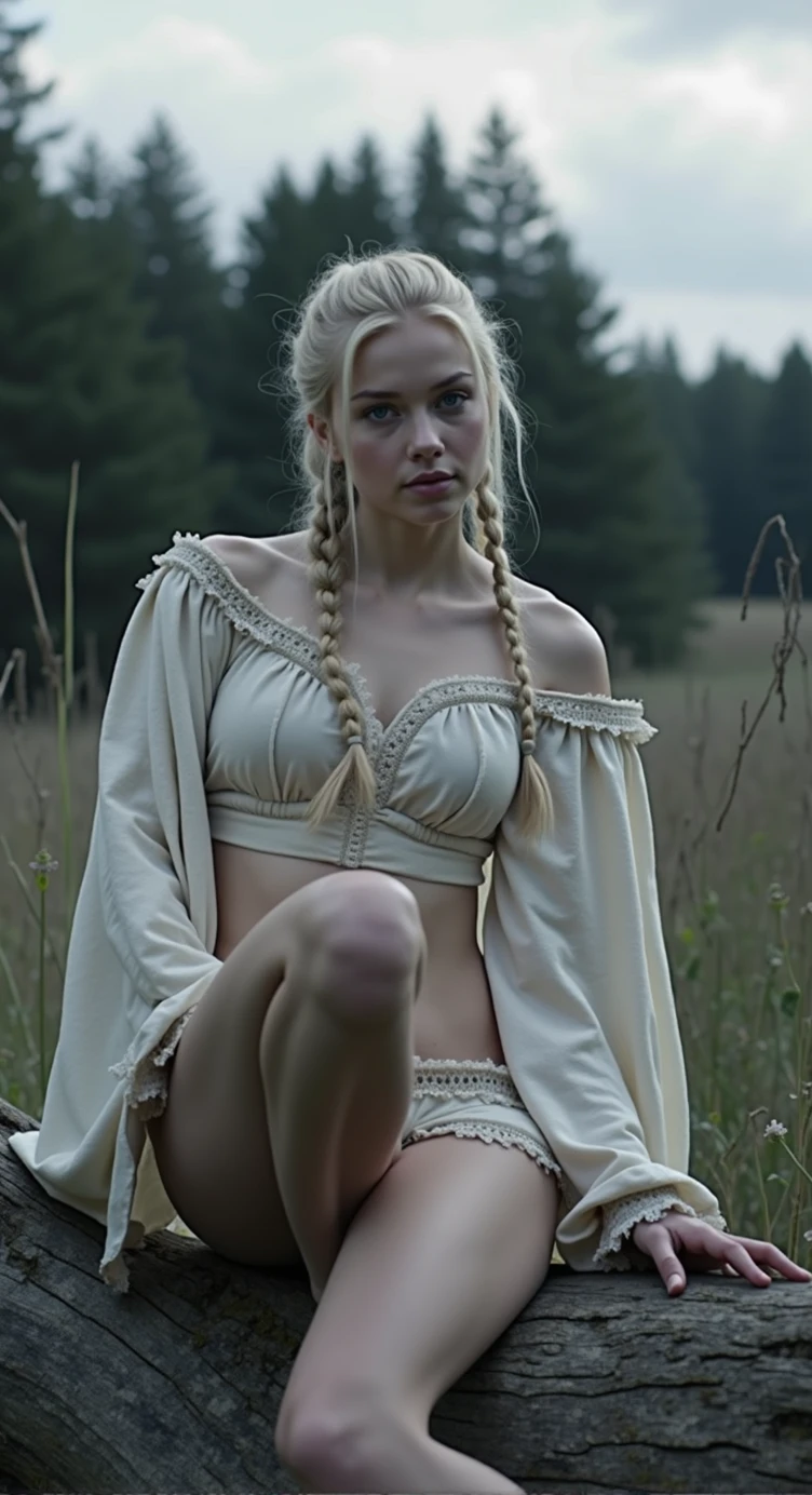 Young blonde with hair in a ponytail, medieval peasant,naked,sitting on a tree trunk,showing her vagina, open legs