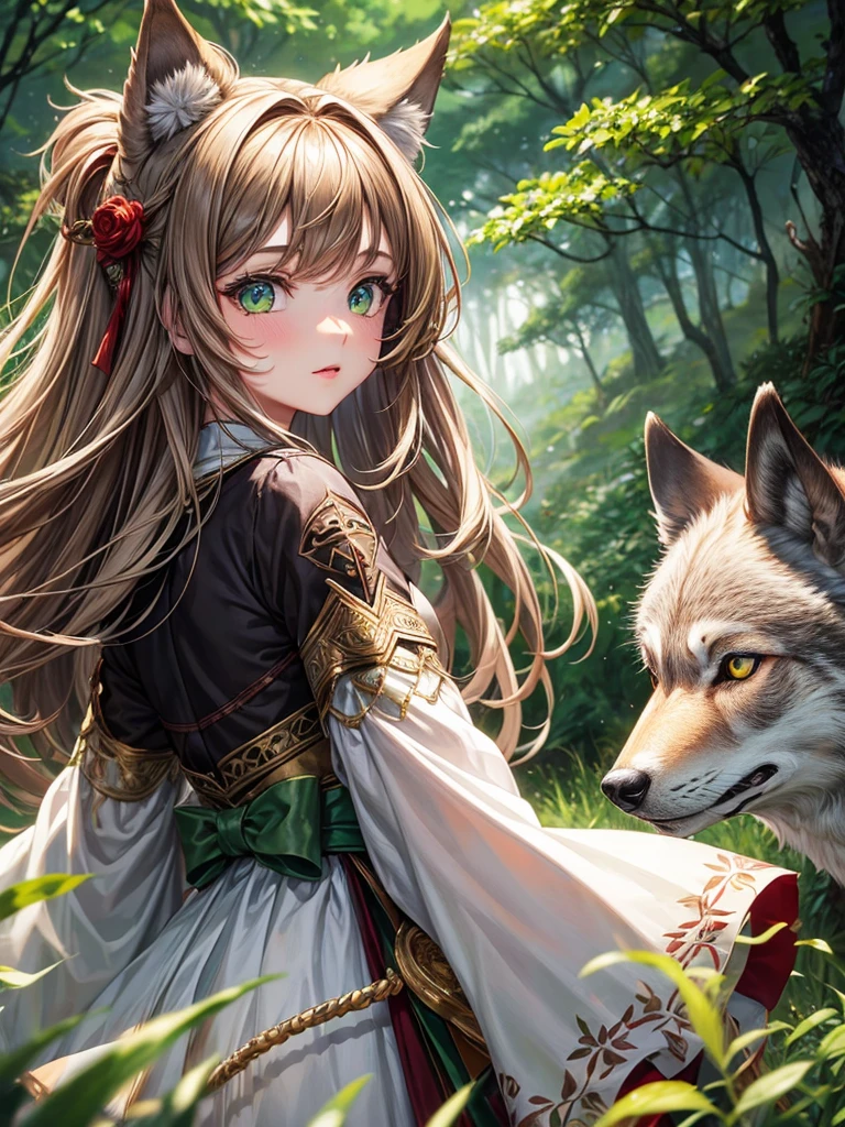 Beautiful tamer girl,green eyes,bright,kind,There are two wolves in front,brown hair,gray wolf,Forest background