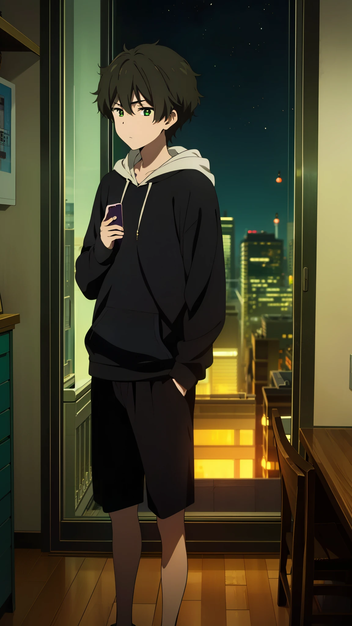 1 boy, brown hair, green eyes, hoodie, random cute face, looking at iphone, closed mouth, side shot, zoom camera, standing against wall , phone in hands, bedroom, window, city lights, night room
, anime_coloring,anime_keyvisual, colorful,vivid