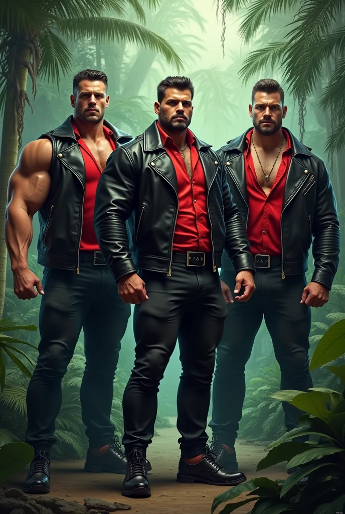 Big giant body builder men wearing black leather jacket on red unbuttoned dress shirt in jungle 