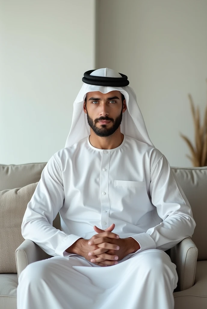 a 39-year-old white man, model type, blue colored eyes, wearing Arabic clothing, sitting on a sofa in a room with white walls. 