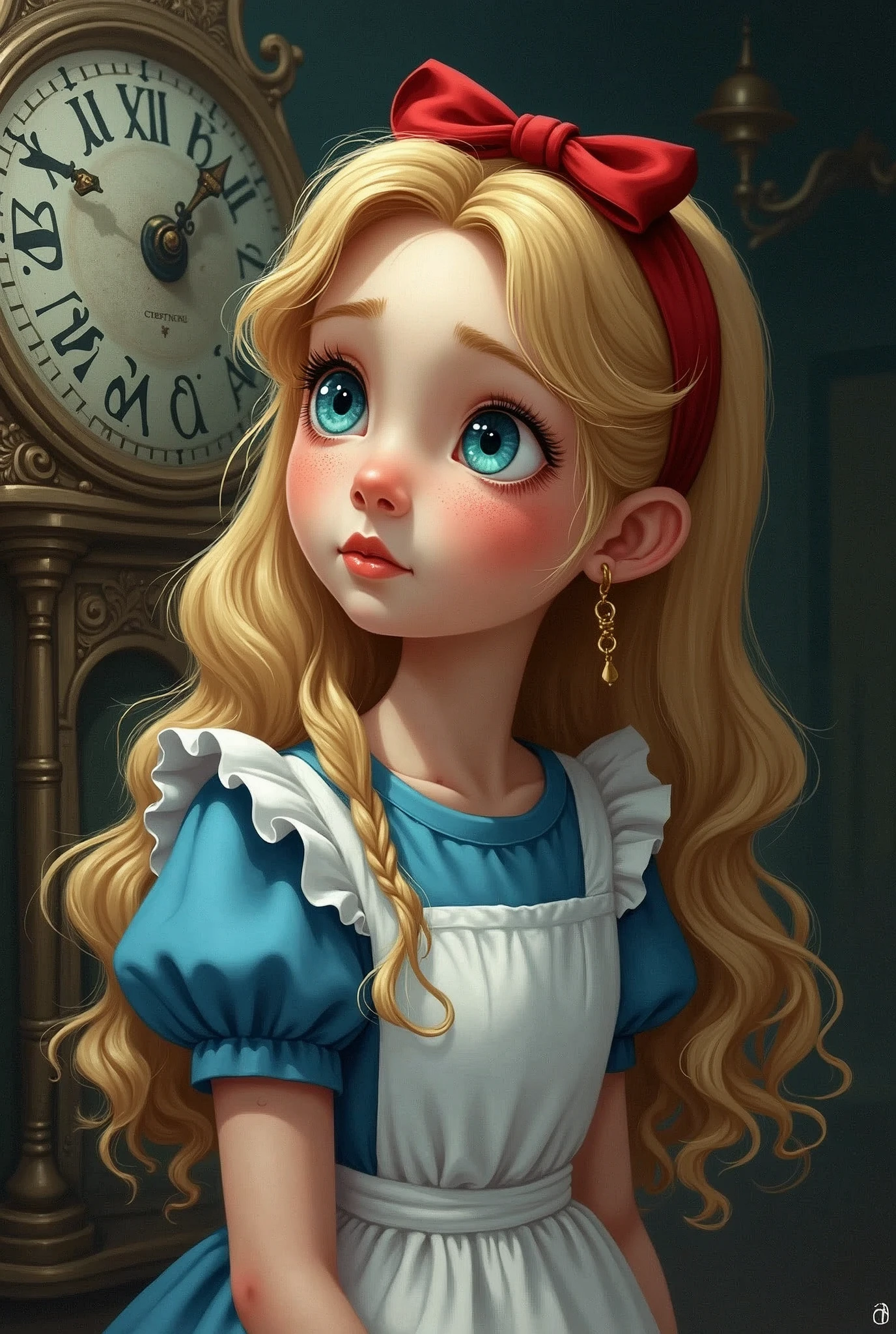 Draw a full-body portrait of Alice in Alice in Wonderland to capture a moment of deep contemplation. Her expression should be a mixture of curiosity and a hint of unease, as if she is deeply questioning reality and her place in it. Her large eyes should be wide open, reflecting the surreal world around her. A smiling Cheshire cat, a clock, inside the kingdom of Wonderland, etc. The lighting is soft yet dramatic, casting gentle shadows that emphasise the depth of her thoughts. Her hair could be slightly dishevelled, as if she has been on a long journey, and the iconic red headband could be slightly slanted to add to the sense that she is pensive. The colour palette is a mix of soft pastels and dark, introspective tones to create a balance between innocence and the complexity of her thoughts.