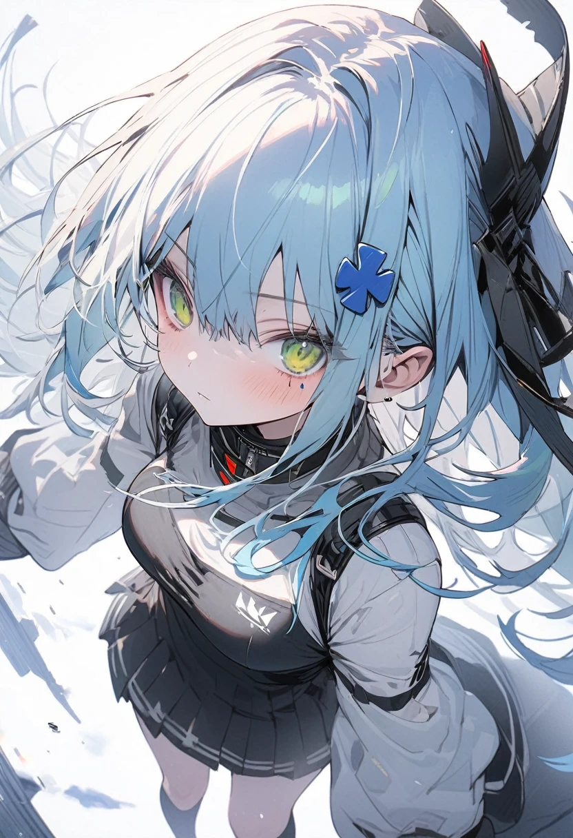 ((One girl)),8k,Super detailed,(((High resolution))),straight hair,Large Breasts,(masterpiece),Very detailed,Simple Background,Juvenile,A sharp expression,White Background,Cool look,((hk416)) ,(Expressionless),((sky blue hair)),((Long Hair)),Teenage Girls,Clear Eyes,(Green Eyes),Clear white skin,Great graphics,jacket,full body,mini skirt,standing,kneehighs,clear,Thighs,Beautiful feet,