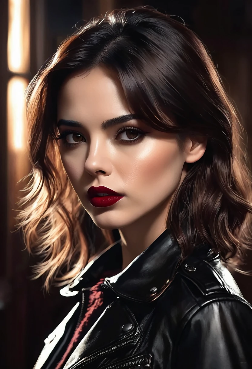 1 woman, inside a dark and gloomy house, wearing a blouse with a black leather jacket on top, detailed facial features, feminine brown eyes, dark and detailed skin, long brown hair, red lipstick, dramatic lighting, cinematic composition, dark palette, dark colors, atmospheric haze, thin chin, serious face, , beautiful woman, adult woman, ultra realistic, profile picture, gorgeous, surreal beauty, 25 years old, (best quality, 4K, 8K, high resolution, artwork: 1.2), ultra detailed (realistic, photorealistic, photorealistic: 1.37)