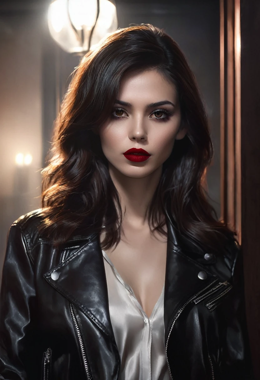 1 woman, inside a dark and gloomy house, wearing a blouse with a black leather jacket on top, detailed facial features, feminine brown eyes, dark and detailed skin, long brown hair, red lipstick, dramatic lighting, cinematic composition, dark palette, dark colors, atmospheric haze, thin chin, serious face, , beautiful woman, adult woman, ultra realistic, profile picture, gorgeous, surreal beauty, 25 years old, (best quality, 4K, 8K, high resolution, artwork: 1.2), ultra detailed (realistic, photorealistic, photorealistic: 1.37)