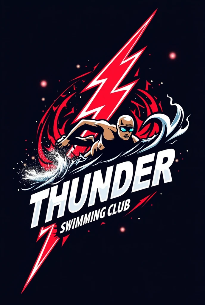Design a cutting-edge logo for the swimming club 'Thunder.' This logo should exude energy and swimming, featuring a dynamic fusion of a sharp, electrifying lightning bolt and a sleek swimmer diving through waves. The entire composition should be modern and streamlined, utilizing a bold red and crisp white color palette. The name 'Thunder' should be artistically woven into the design, with the letters themselves crackling with energy, as if charged by the lightning. The overall vibe should be powerful, fast, and unforgettable, capturing the essence of a high-performance swimming club