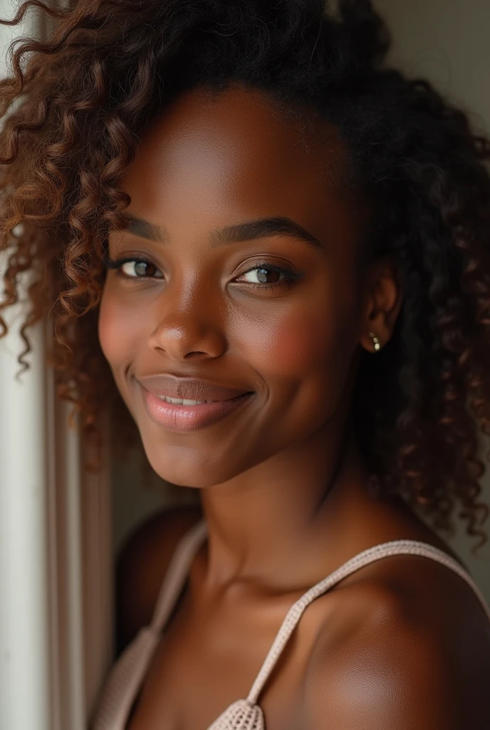Elle a une peau d'un magnifique ton chocolat, lisse et éclatante. Son visage est délicat, avec des traits bien dessinés : des yeux brillants et expressifs qui attirent l'attention, des sourcils bien dessinés et des lèvres pulpeuses qui se courbent souvent en un sourire chaleureux. Ses cheveux, crépus et volumineux, tombent en boucles naturelles autour de son visage, ajoutant à son charme.
Sa silhouette est voluptueuse, avec une taille fine qui accentue ses courbes généreuses. Ses seins sont pleins et bien proportionnés, mettant en valeur sa féminité. Ses hanches sont larges et se terminent par des fesses bien rondes, qui lui donnent une allure à la fois séduisante et élégante. Elle dégage une confiance en soi qui attire les regards et laisse une impression durable.