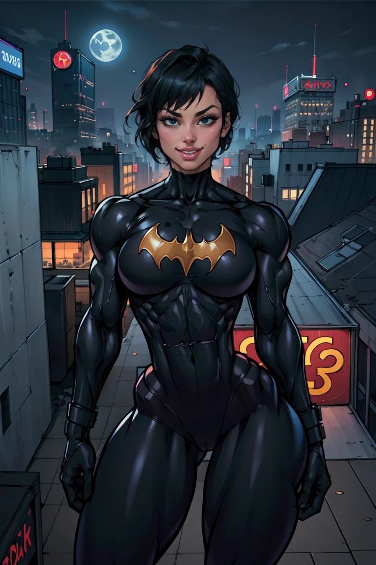 (masterpiece, best quality),1girl, solo, cassandra cain, batgirl suit, black pants, black hair, brown eyes, smile, body suit,
akihabara city, of the dead,  night,  from above, STANDING rooftop, neon sign, game center,(masterpiece:1.2), (best quality:1.2), perfect eyes, perfect face, volumetric lighting, abs, (muscular, wide hips, thick thighs, small breasts:1.3), (upper body view), three quarter view, close up