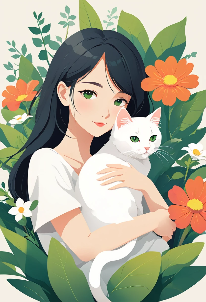 Perfect anatomy cute girl hugging white cute cat on background of flowers and green plants (close up) Flat style vector art, Flat vector art uses simplicity in vector art、Pure expression，Highlight simplicity and clarity of form，Bring simplicity and modernity to your work. Vivid depiction. Perfect artistic design. Accurate and perfect anatomy.