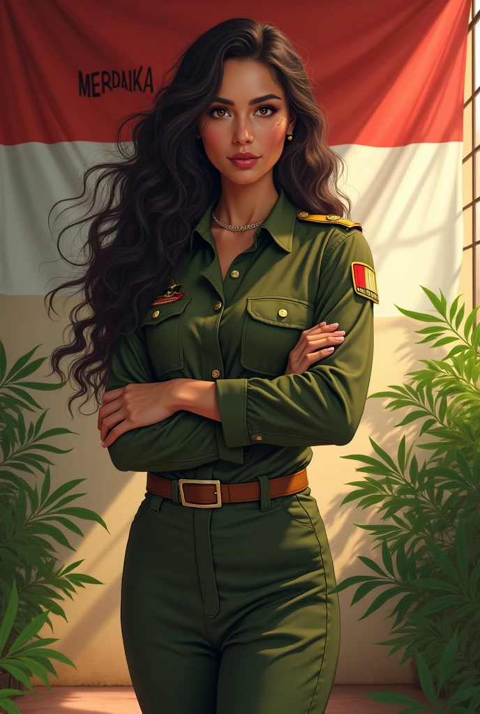 (photorealism:1.2), beautiful woman, wearing army-clothes, wall background say that "MERDEKA", Indonesia flag, standing on school yard, long curly hair, outdoors, soft lighting, plants in background, window with sunlight, cozy room, relaxed pose, realistic, intricate details, warm colors, by Greg Rutkowski, by Alphonse Mucha