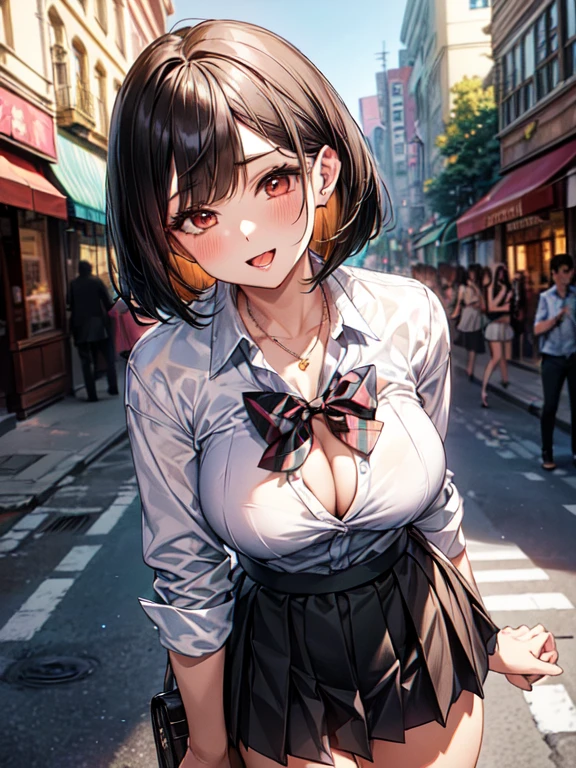 soft light, beautiful body, (masterpiece、Highest quality、Very detailed:1.3), One girl, gyaru, (black bob cut hair:1.3), (swept bangs:1.3), droopy eyes, big and cute eyes, (brown eyes:1.3), ((lots of piercing)), necklace, Large Breasts, Thick thighs, healthy, proportionate build, , (portrait of a person, DSLR style, shallow depth of field, background blur, bokeh effect, f/1.8:1.1), 1girl, (open mouth, tongue out:1.2), looking at viewer, twenties, (white collar shirt:1.3), (bow tie:1.3), (unbutton, cleavage:1.3), (Black pleated skirt, micro miniskirt:1.3), black high socks, black loafers, head to thighs, tilting head, (sexy pose:1.3), (beautiful scenery), (bustling daytime street, crowded with people, colorful storefronts, outdoor cafes, bright sunlight, clear blue sky, urban scene), very wide, panorama view, sense of depth, magnificent view,, wide angle