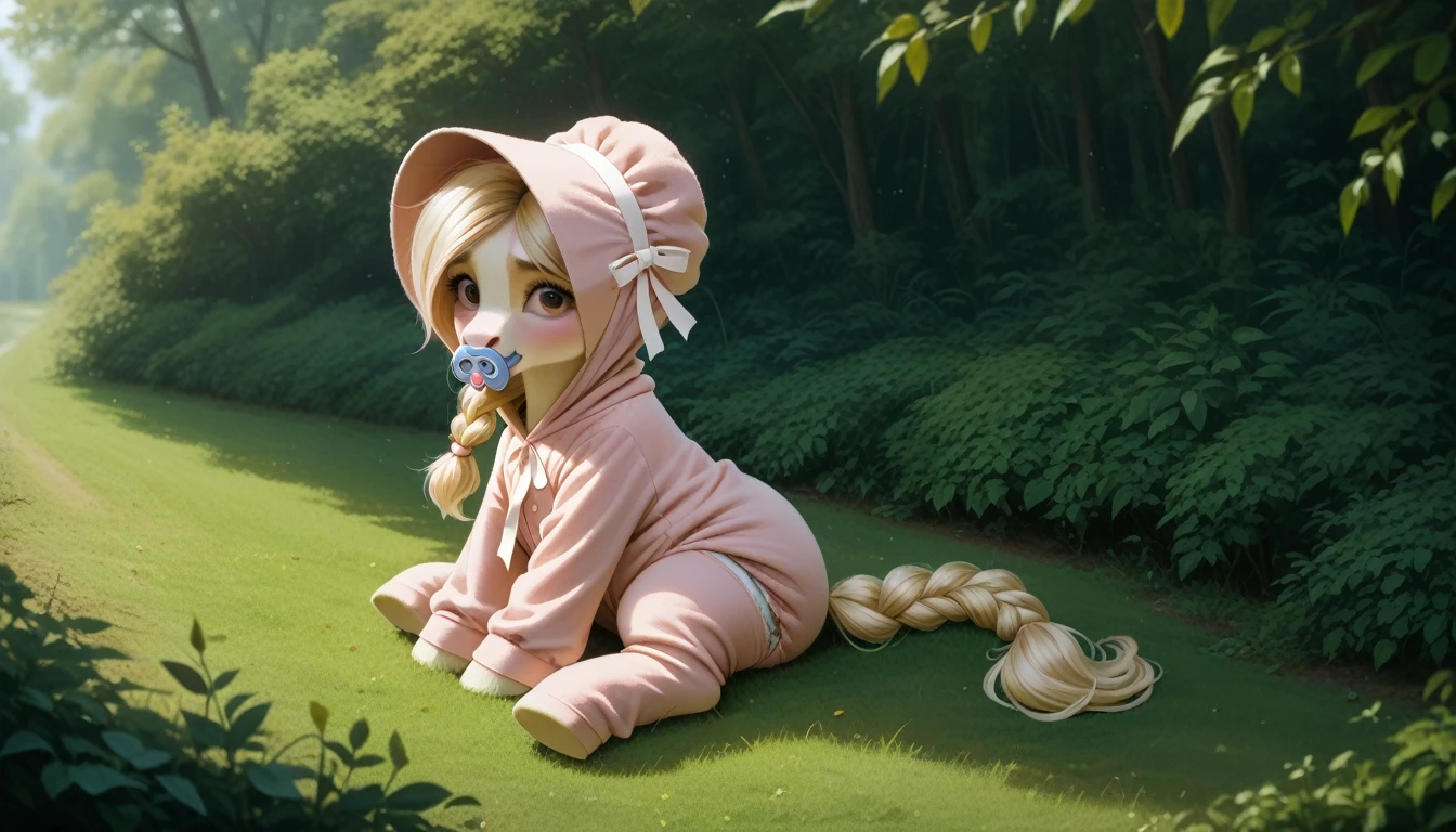 pony, beige earth pony, no horn, no wings, adult mare, lush mane braided into a braid, lush tail, sitting outside, dressed in an onesie, bonnet and booties, pacifier in mouth, solo, thick diaper under clothes, pink blush on cheeks, embarrassment, awkwardness.