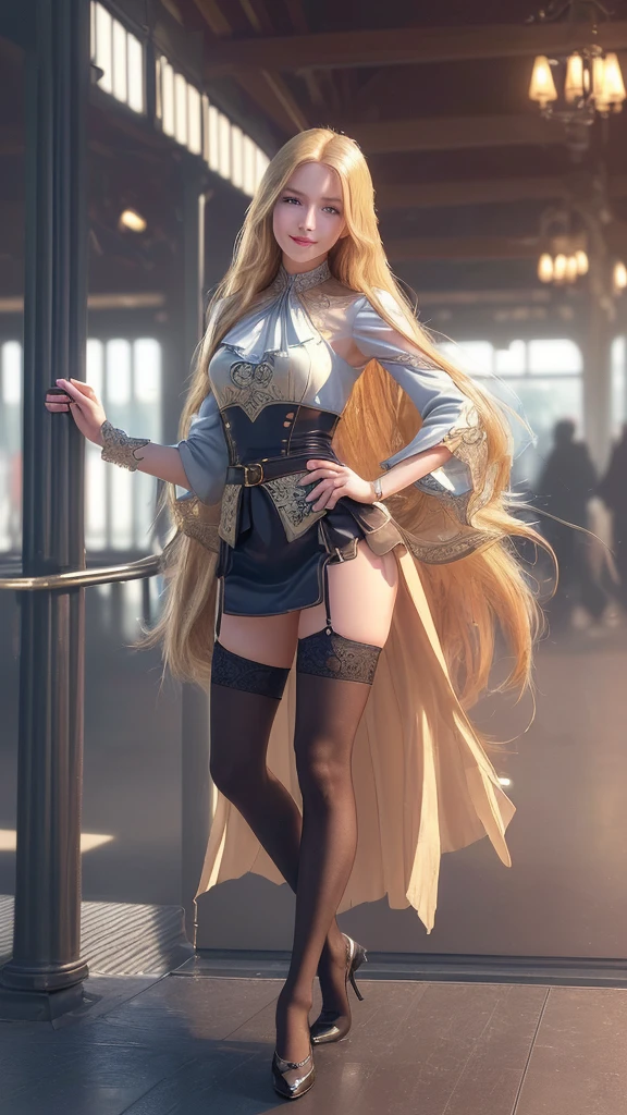 A beautiful tiny girl, weight:40 kg, height:178 cm, long blond hair, standing alone and smiling on a train station, in a sexy pose with her hands behind her back, wearing stockings and garterbelt, (best quality, 4k, 8k, highres, masterpiece:1.2), ultra-detailed,(realistic, photorealistic, photo-realistic:1.37), beautiful detailed eyes, extremely detailed face and eyes, long legs, intricate details, elegant, vibrant colors, soft lighting