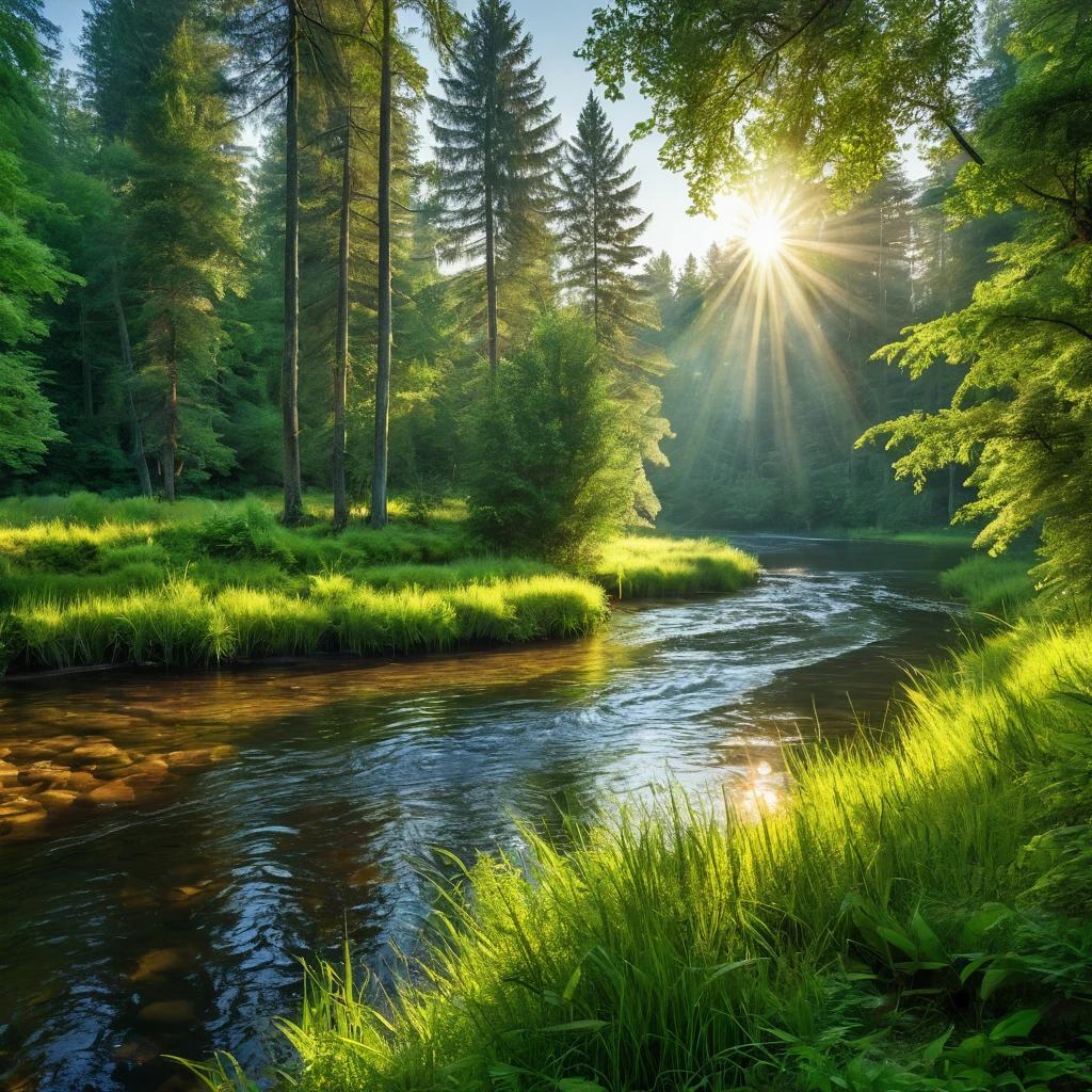 A river in the forest, morning, sunny, summer, (Water clarity:1.2), (sunlight:0.8), (lighting:0.2), (UHD:1.3), (HDR:0.4), (grass intensity:0.6), (trees intensity:1)