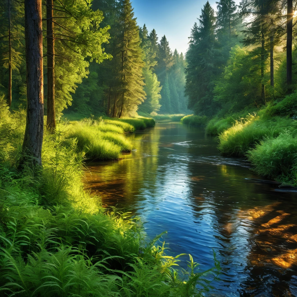 A river in the forest, morning, sunny, summer, (Water clarity:1.2), (sunlight:0.8), (lighting:0.2), (UHD:1.3), (HDR:0.4), (grass intensity:0.6), (trees intensity:1)
