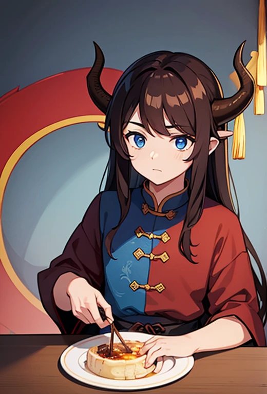 1 boy, dark brown hair, long hair, blue eyes, dragon horns, Chinese clothing.